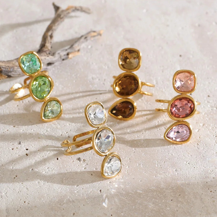 Codie Ring – adjustable gold ring with three gradient crystals in pink, clear, champagne or green. Tarnish-free stainless steel, one size fits most.