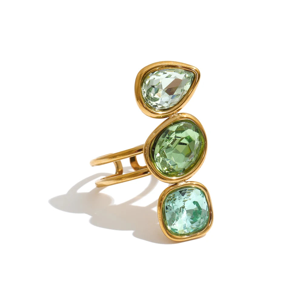 Codie Ring – adjustable gold ring with three gradient crystals in pink, clear, champagne or green. Tarnish-free stainless steel, one size fits most.