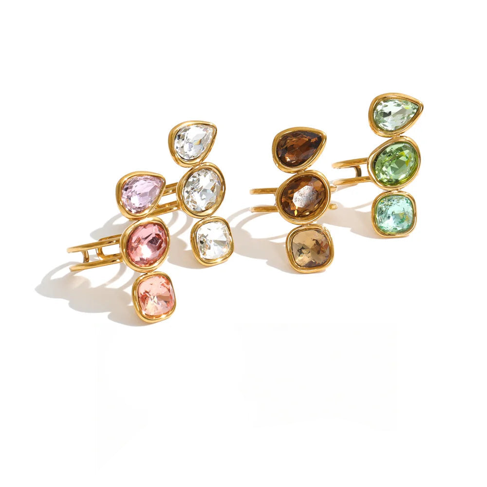 Codie Ring – adjustable gold ring with three gradient crystals in pink, clear, champagne or green. Tarnish-free stainless steel, one size fits most.