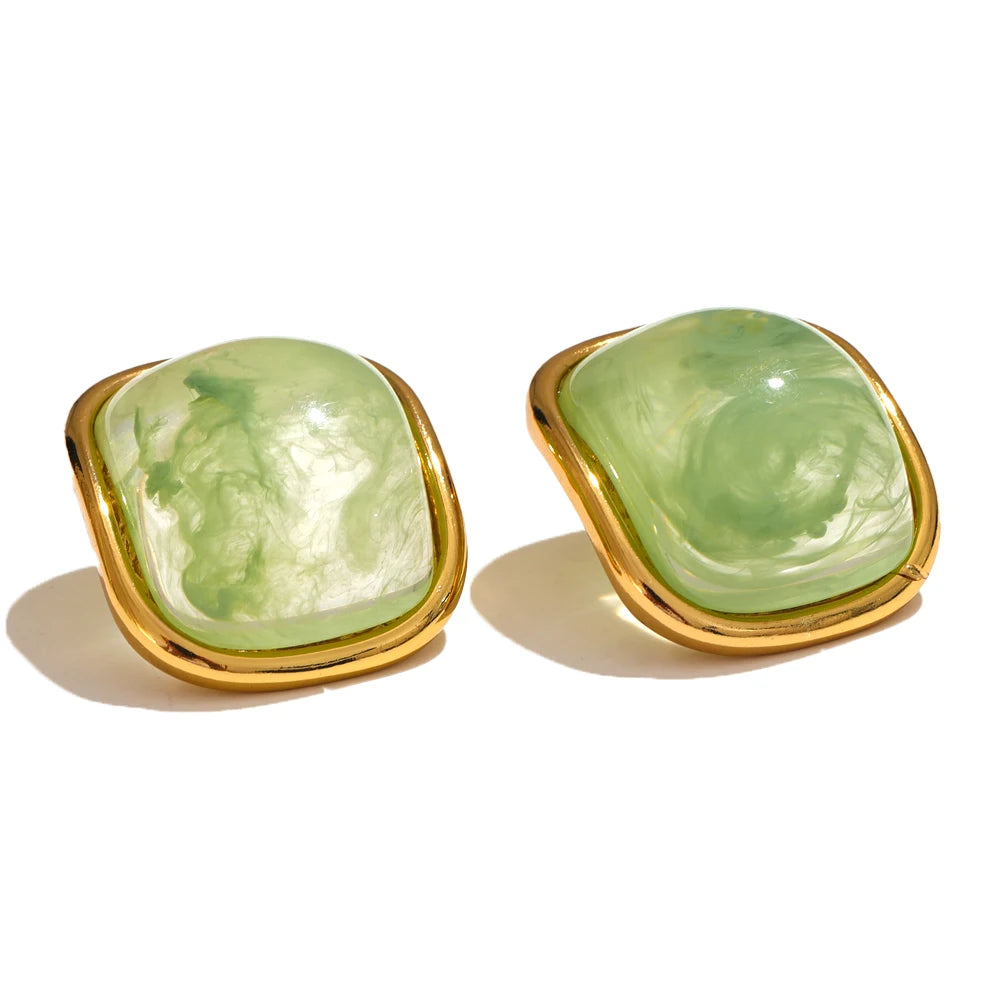Stainless steel marble green resin stud earrings. Waterproof and tarnish free.