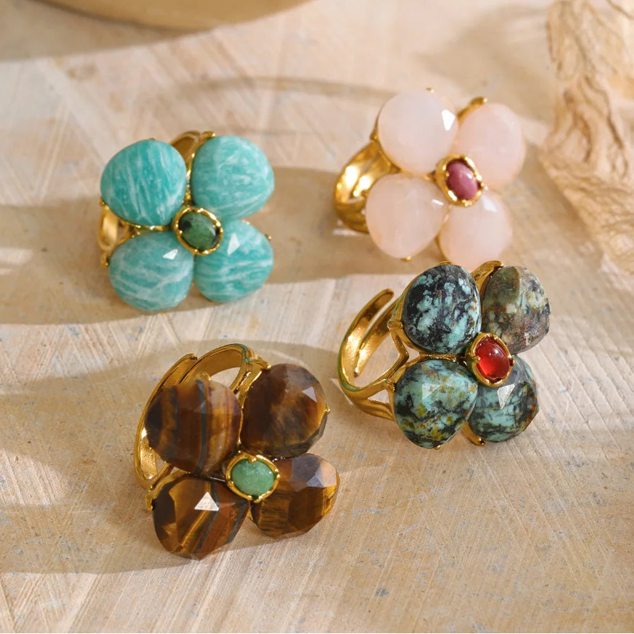 Shop the Montana Ring: bold floral cluster ring in four natural-look colourways. Adjustable, waterproof stainless steel in 18k gold-tone.
