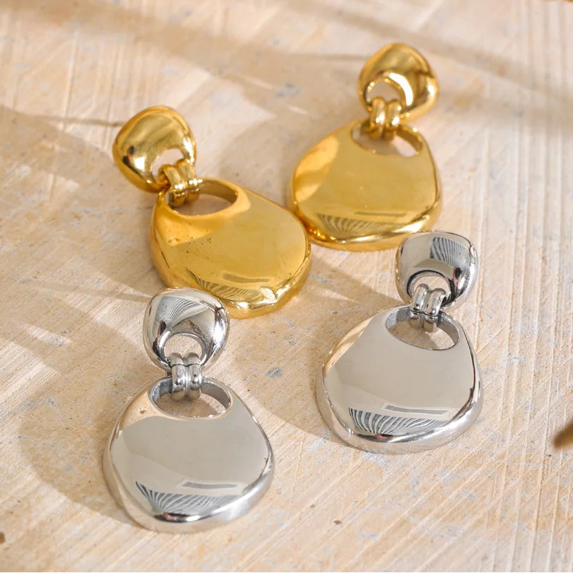 Rochelle Earrings – sculptural pebble drop earrings with a polished finish. Tarnish-free stainless steel, silver or gold-tone. Modern statement.