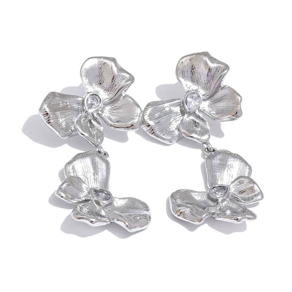 Stainless steel silver petal, flower drop earrings. Waterproof, tarnish free.