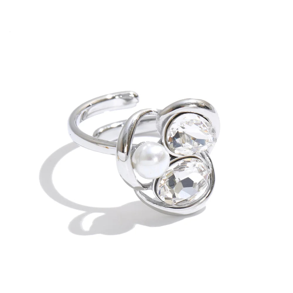 Keisha Ring – sculptural open-band ring with crystals and a faux pearl. Three colourways in silver or gold-tone. Adjustable, tarnish-free.