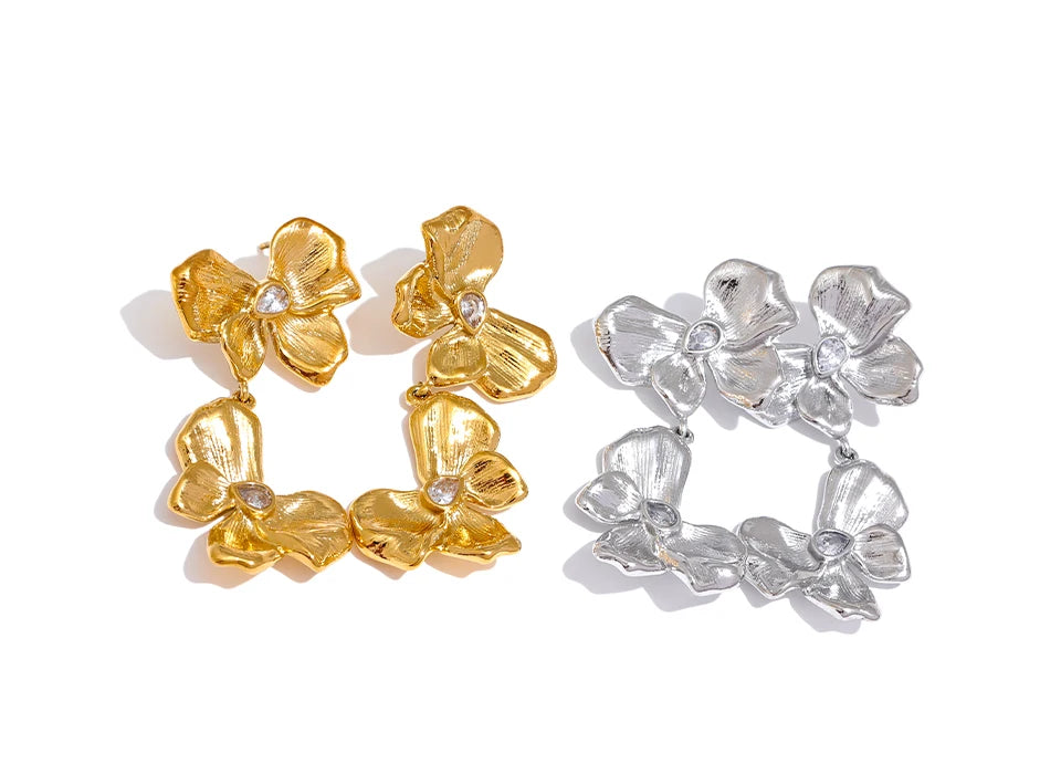 Stainless steel petal drop earrings waterproof. Tarnish free. Statement, silver or gold.