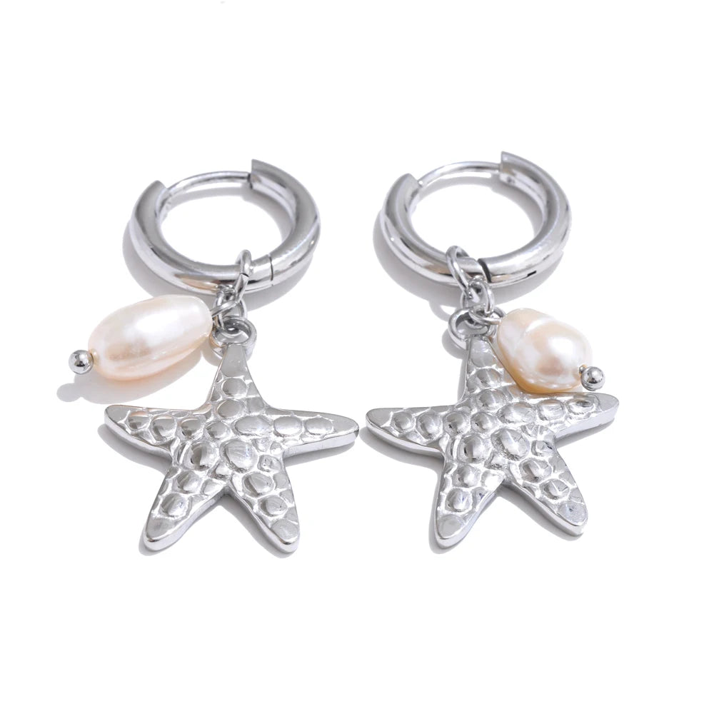 Gold or silver stainless steel starfish pearl hoop earrings – waterproof jewellery by Astella