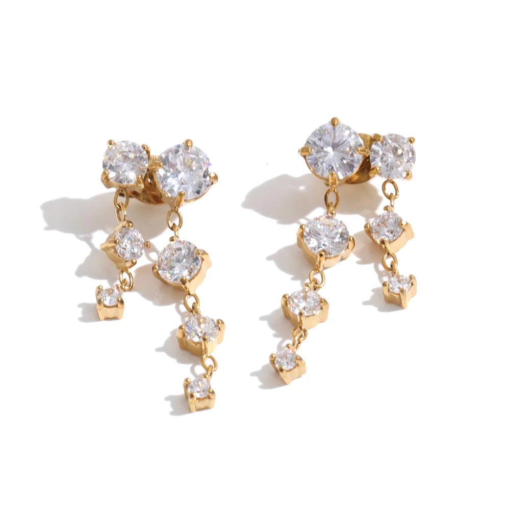 Tyla Earrings – cascading zircon drop earrings in multicolour or clear. Tarnish-free stainless steel, silver or gold-tone. Lightweight sparkle.