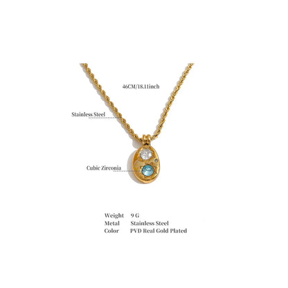 The Alba Necklace: aqua zircon, starburst details, twisted rope chain. Silver or gold. Tarnish-free, everyday.