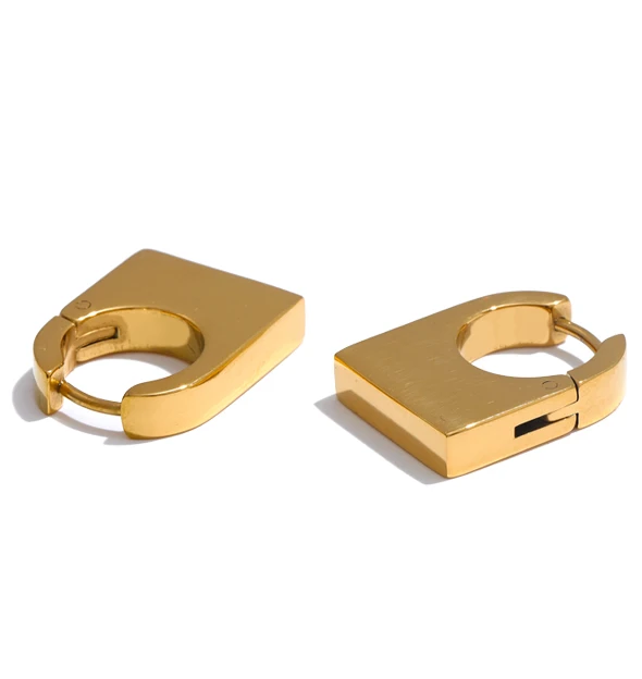 Two gold-toned square-shaped hoop earrings shown stainless steel