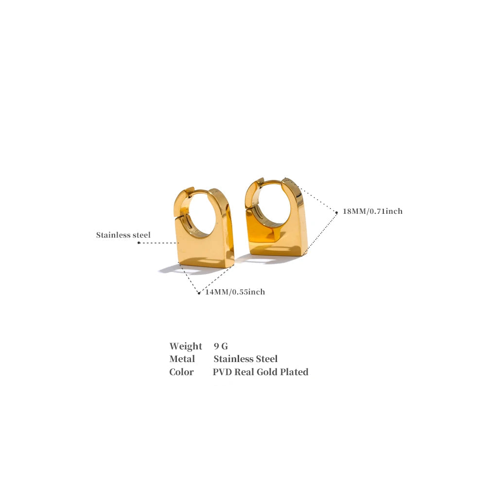 Gold hoop earrings with measurement details on a white background