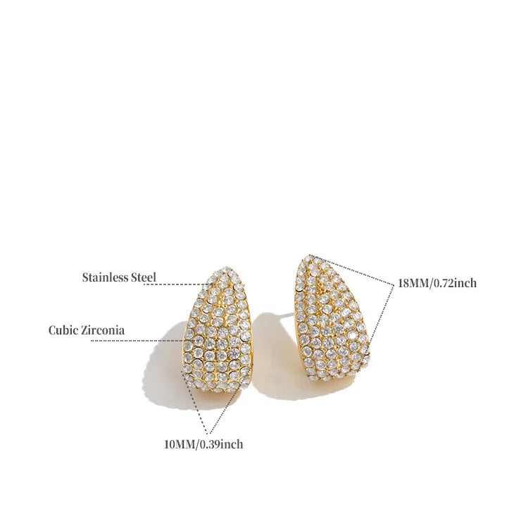 A pair of gold-toned stud earrings covered in clear cubic zirconia stones, shown on a white background with measurement callouts and product specifications below.