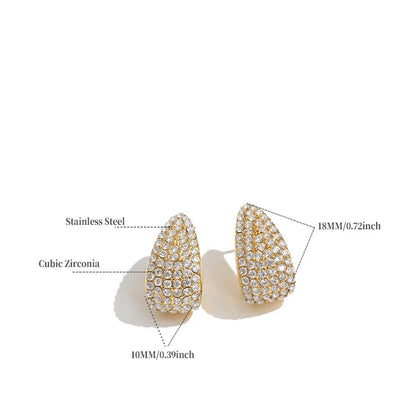 A pair of gold-toned stud earrings covered in clear cubic zirconia stones, shown on a white background with measurement callouts and product specifications below.
