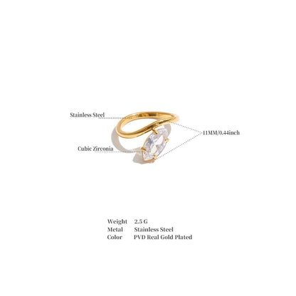 A gold-plated cubic zirconia ring with stainless steel settings, shown with measurement callouts and product specifications on a white background.