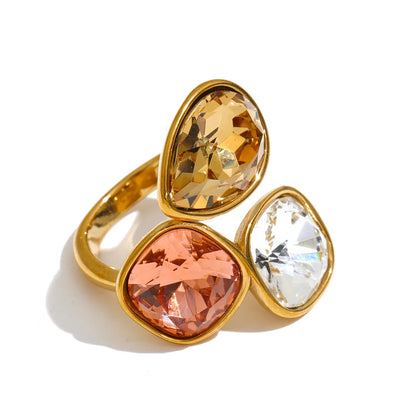 Sadie Ring – adjustable gold wrap ring with three gradient crystals in lilac, pink, green, aqua and more. Tarnish-free stainless steel.