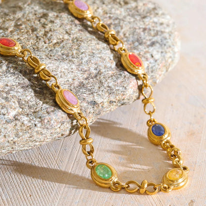 Catherine Necklace – gold chain with multicolour oval bezel-set stones. Tarnish-free stainless steel. Vintage-inspired everyday colour.
