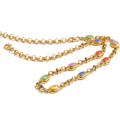 Catherine Necklace – gold chain with multicolour oval bezel-set stones. Tarnish-free stainless steel. Vintage-inspired everyday colour.