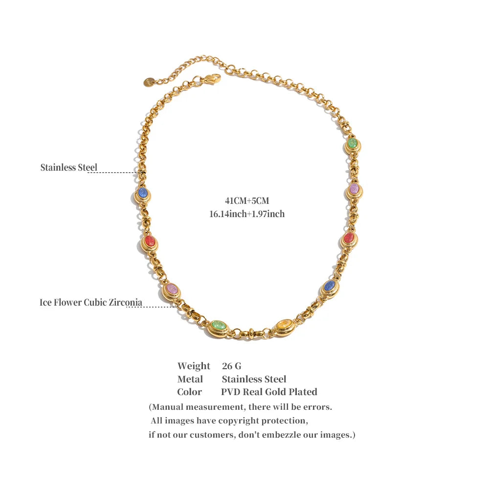 Catherine Necklace – gold chain with multicolour oval bezel-set stones. Tarnish-free stainless steel. Vintage-inspired everyday colour.