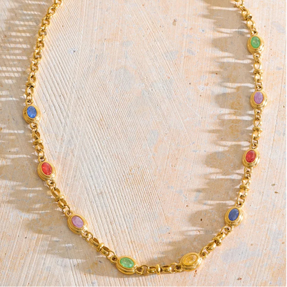 Catherine Necklace – gold chain with multicolour oval bezel-set stones. Tarnish-free stainless steel. Vintage-inspired everyday colour.