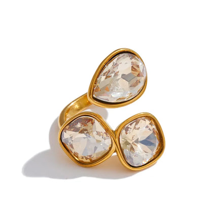 Sadie Ring – adjustable gold wrap ring with three gradient crystals in lilac, pink, green, aqua and more. Tarnish-free stainless steel.