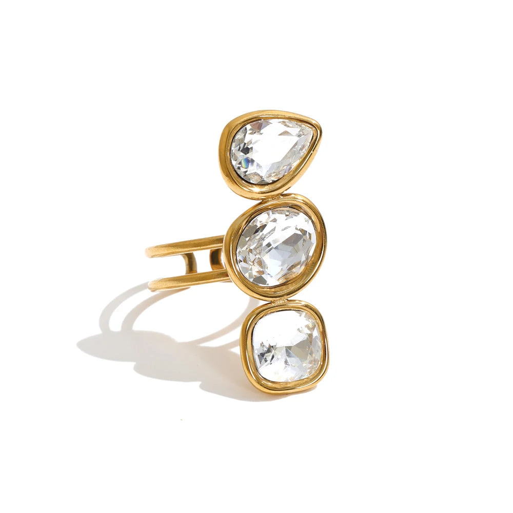Codie Ring – adjustable gold ring with three gradient crystals in pink, clear, champagne or green. Tarnish-free stainless steel, one size fits most.
