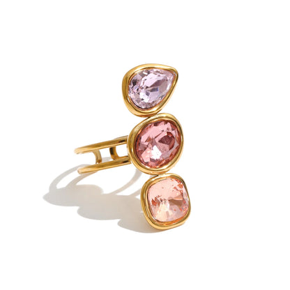Codie Ring – adjustable gold ring with three gradient crystals in pink, clear, champagne or green. Tarnish-free stainless steel, one size fits most.