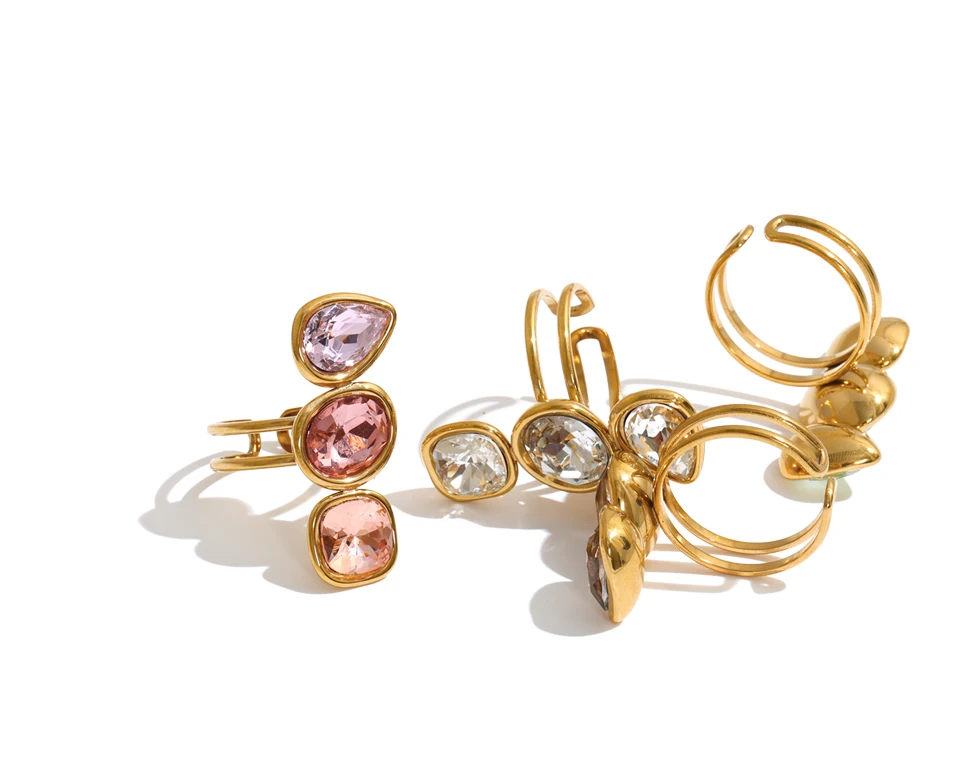 Codie Ring – adjustable gold ring with three gradient crystals in pink, clear, champagne or green. Tarnish-free stainless steel, one size fits most.