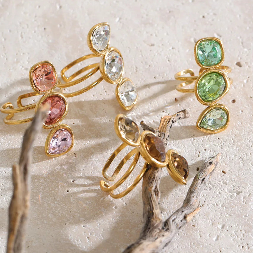 Codie Ring – adjustable gold ring with three gradient crystals in pink, clear, champagne or green. Tarnish-free stainless steel, one size fits most.
