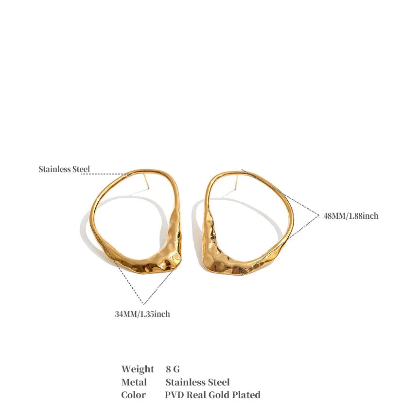 A pair of gold-toned organic-shaped hoop earrings on a white background, with measurement callouts showing 48MM/1.88inch and 24MM/0.