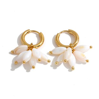 Dakota Earrings – gold huggie hoops with a fan of pearlescent petal charms. Tarnish-free stainless steel, 18k gold-tone. Lightweight and floral.