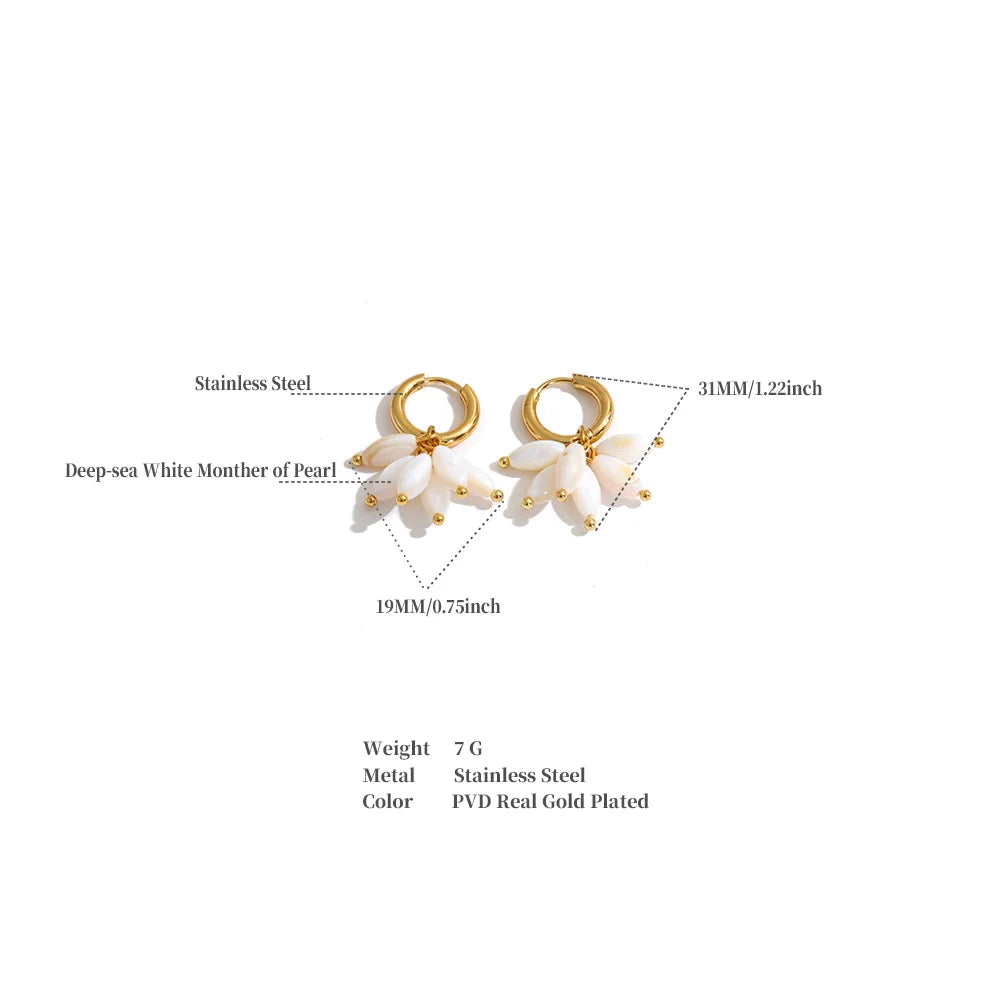 White pearl flower hoop earrings with gold-plated metal rings and small gold bead accents, shown with measurement callouts and product specifications on a white background.