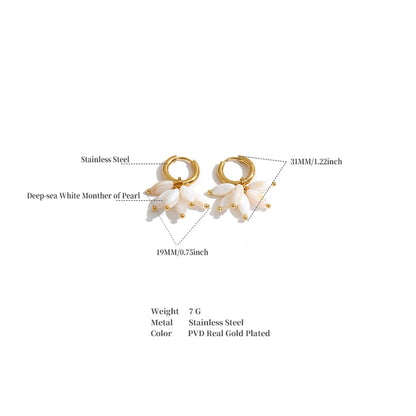 White pearl flower hoop earrings with gold-plated metal rings and small gold bead accents, shown with measurement callouts and product specifications on a white background.