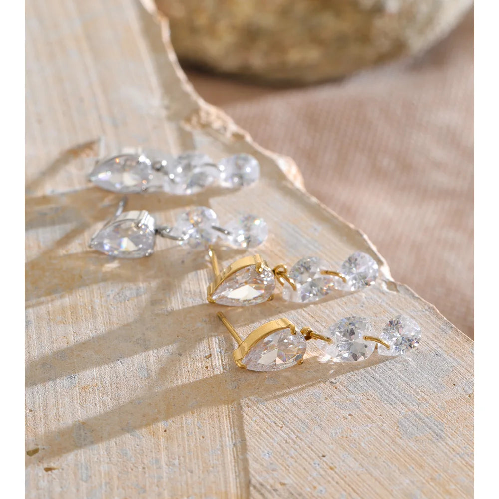 Frankie Earrings – cascading pear, round & marquise zircon drops. Tarnish-free stainless steel, silver or gold-tone. Everyday sparkle.