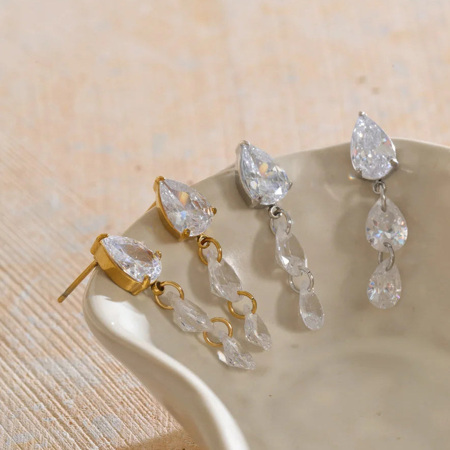 Frankie Earrings – cascading pear, round & marquise zircon drops. Tarnish-free stainless steel, silver or gold-tone. Everyday sparkle.