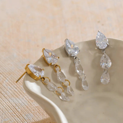 Frankie Earrings – cascading pear, round & marquise zircon drops. Tarnish-free stainless steel, silver or gold-tone. Everyday sparkle.