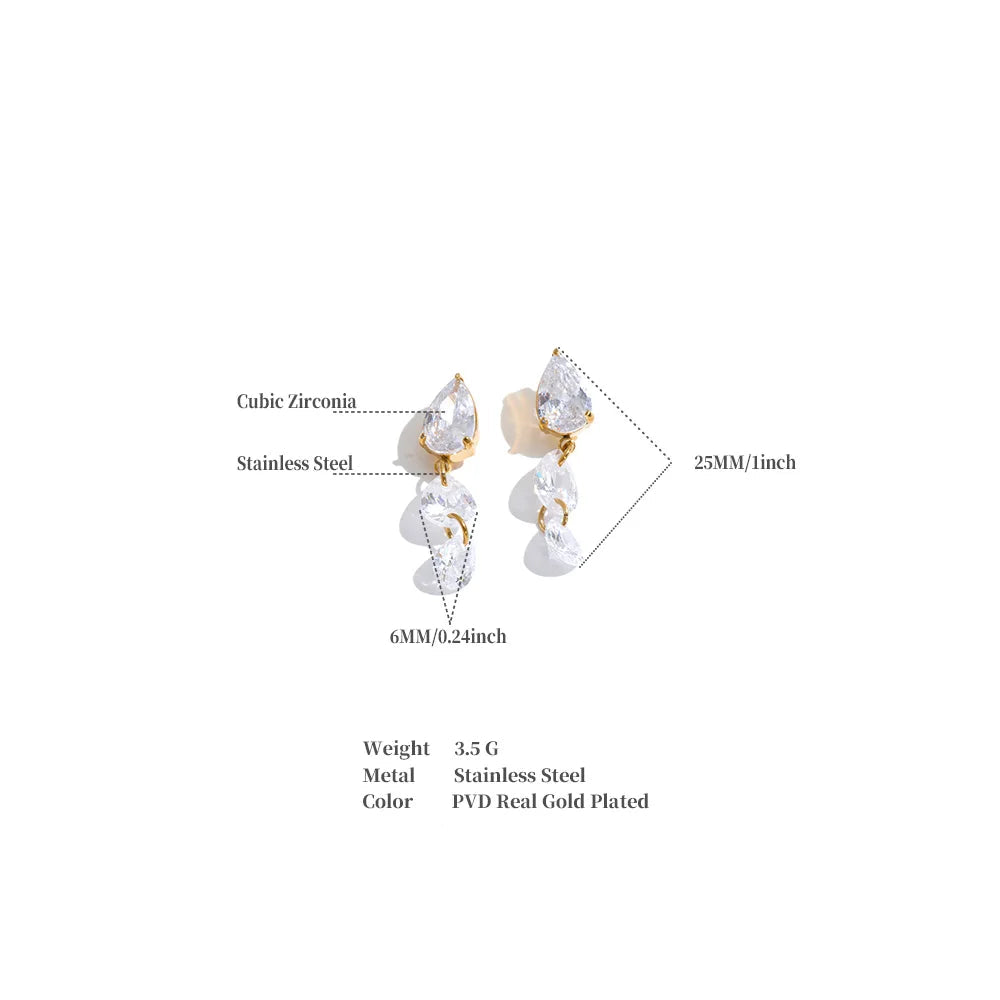 Gold-plated double drop earring with clear cubic zirconia stones, shown with dimension labels (25mm/1inch and 6mm/0.24inch) and product specifications on a white background.