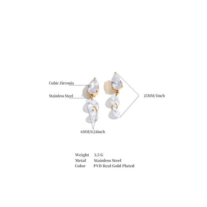 Gold-plated double drop earring with clear cubic zirconia stones, shown with dimension labels (25mm/1inch and 6mm/0.24inch) and product specifications on a white background.