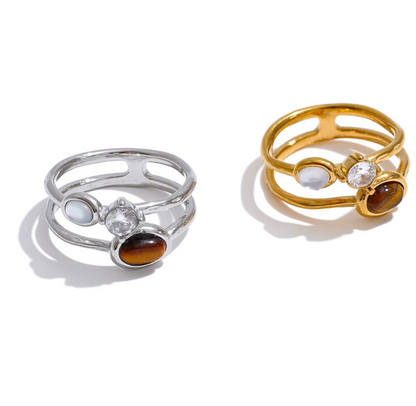 Gwen Ring – open double-band with zircon, moonstone & tiger's eye. Tarnish-free stainless steel, silver or gold-tone. 4 sizes.