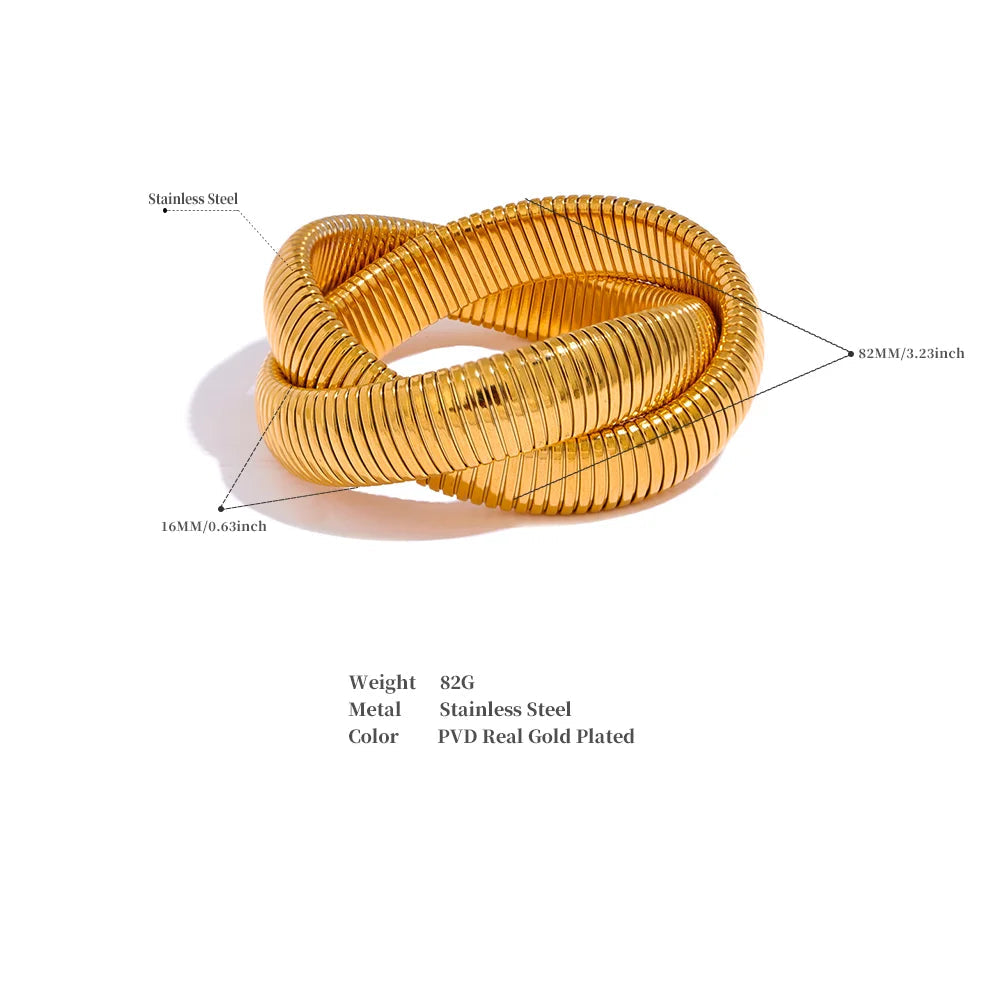 Gold bracelet with measurements and product details on a white background