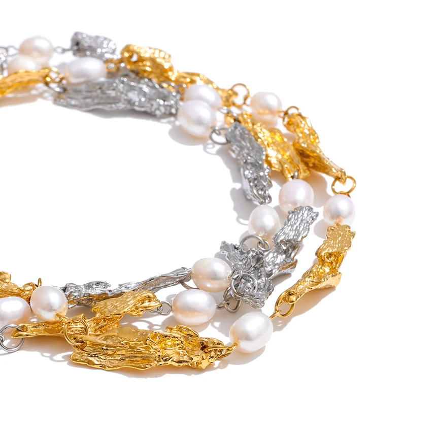 Shop the Julia Necklace: organic molten-link design with faux pearls. Available in gold, silver, or mixed metal finishes. Stainless Steel