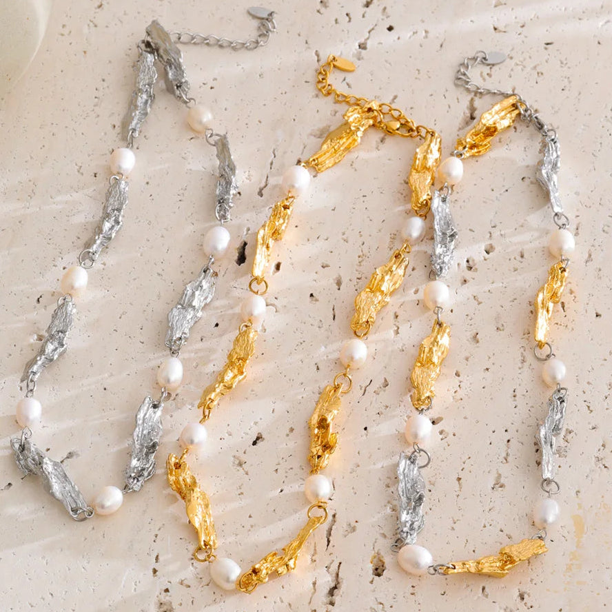 Shop the Julia Necklace: organic molten-link design with faux pearls. Available in gold, silver, or mixed metal finishes. Stainless Steel