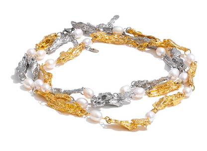 Shop the Julia Necklace: organic molten-link design with faux pearls. Available in gold, silver, or mixed metal finishes. Stainless Steel