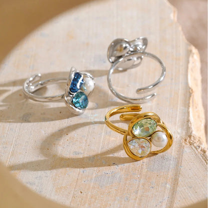 Keisha Ring – sculptural open-band ring with crystals and a faux pearl. Three colourways in silver or gold-tone. Adjustable, tarnish-free.