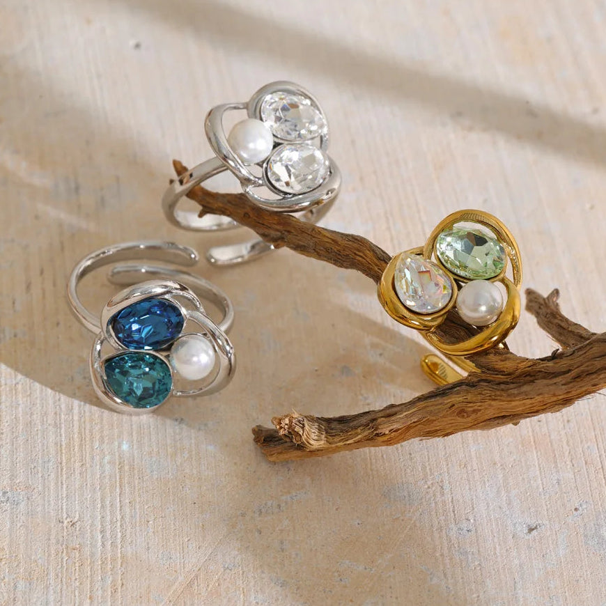 Keisha Ring – sculptural open-band ring with crystals and a faux pearl. Three colourways in silver or gold-tone. Adjustable, tarnish-free.