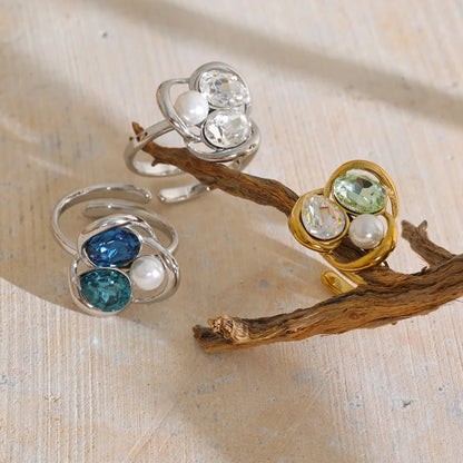 Keisha Ring – sculptural open-band ring with crystals and a faux pearl. Three colourways in silver or gold-tone. Adjustable, tarnish-free.