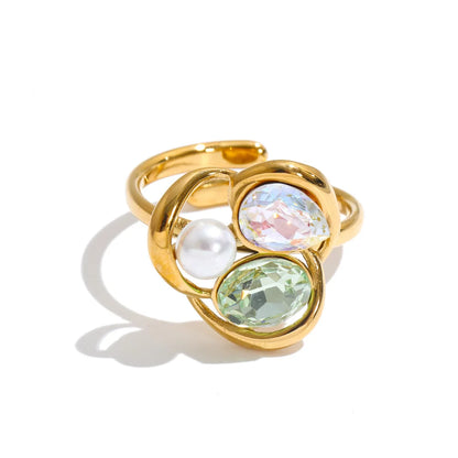 Keisha Ring – sculptural open-band ring with crystals and a faux pearl. Three colourways in silver or gold-tone. Adjustable, tarnish-free.