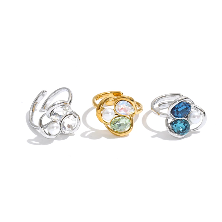 Keisha Ring – sculptural open-band ring with crystals and a faux pearl. Three colourways in silver or gold-tone. Adjustable, tarnish-free.