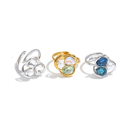 Keisha Ring – sculptural open-band ring with crystals and a faux pearl. Three colourways in silver or gold-tone. Adjustable, tarnish-free.
