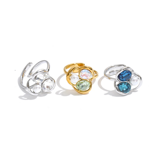 Keisha Ring – sculptural open-band ring with crystals and a faux pearl. Three colourways in silver or gold-tone. Adjustable, tarnish-free.