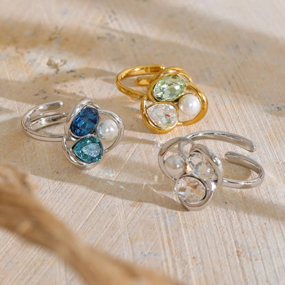 Keisha Ring – sculptural open-band ring with crystals and a faux pearl. Three colourways in silver or gold-tone. Adjustable, tarnish-free.