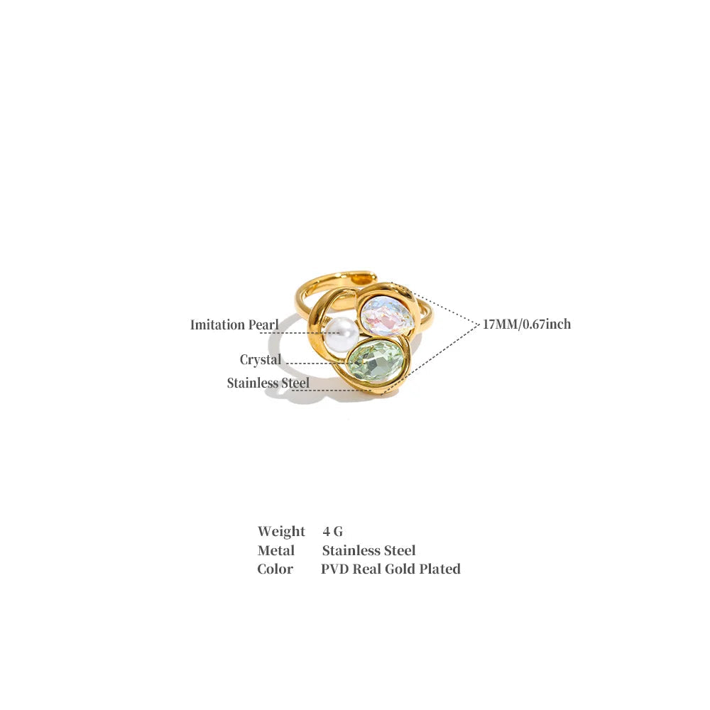 Keisha Ring – sculptural open-band ring with crystals and a faux pearl. Three colourways in silver or gold-tone. Adjustable, tarnish-free.